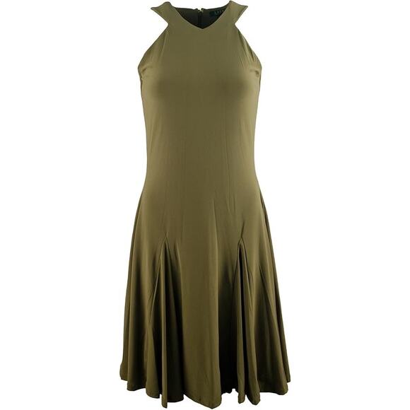 Lauren Ralph Lauren Jersey Fit and Flare Dress Olive Green Small Quiet Luxary - Picture 1 of 9